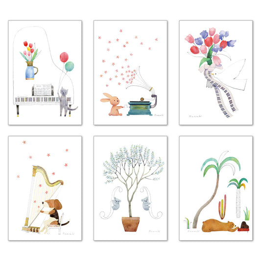 ポストカード6枚セット6 山田和明 105×150mm 絵本作家 動物 楽器柄 イラストレーター 郵便はがき