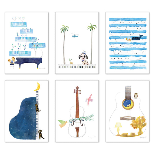 ポストカード6枚セット7 山田和明 105×150mm 絵本作家 動物 楽器柄 イラストレーター 郵便はがき