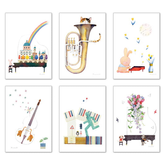 ポストカード6枚セット8 山田和明 105×150mm 絵本作家 動物 楽器柄 イラストレーター 郵便はがき