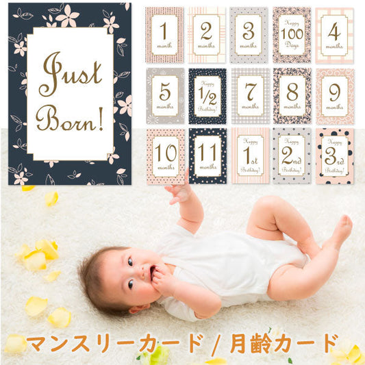 ベビーマンスリーカード「PINK PATTERNS」月齢カード 赤ちゃん ベビーカード メッセージカード 誕生日カード 出産祝い オリジナル